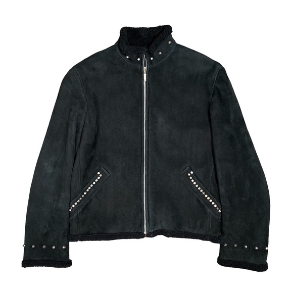 Vintage 90s Gianni  Versace Studded Suede Leather Sherpa Jacket Womens 40 - Picture 1 of 16
